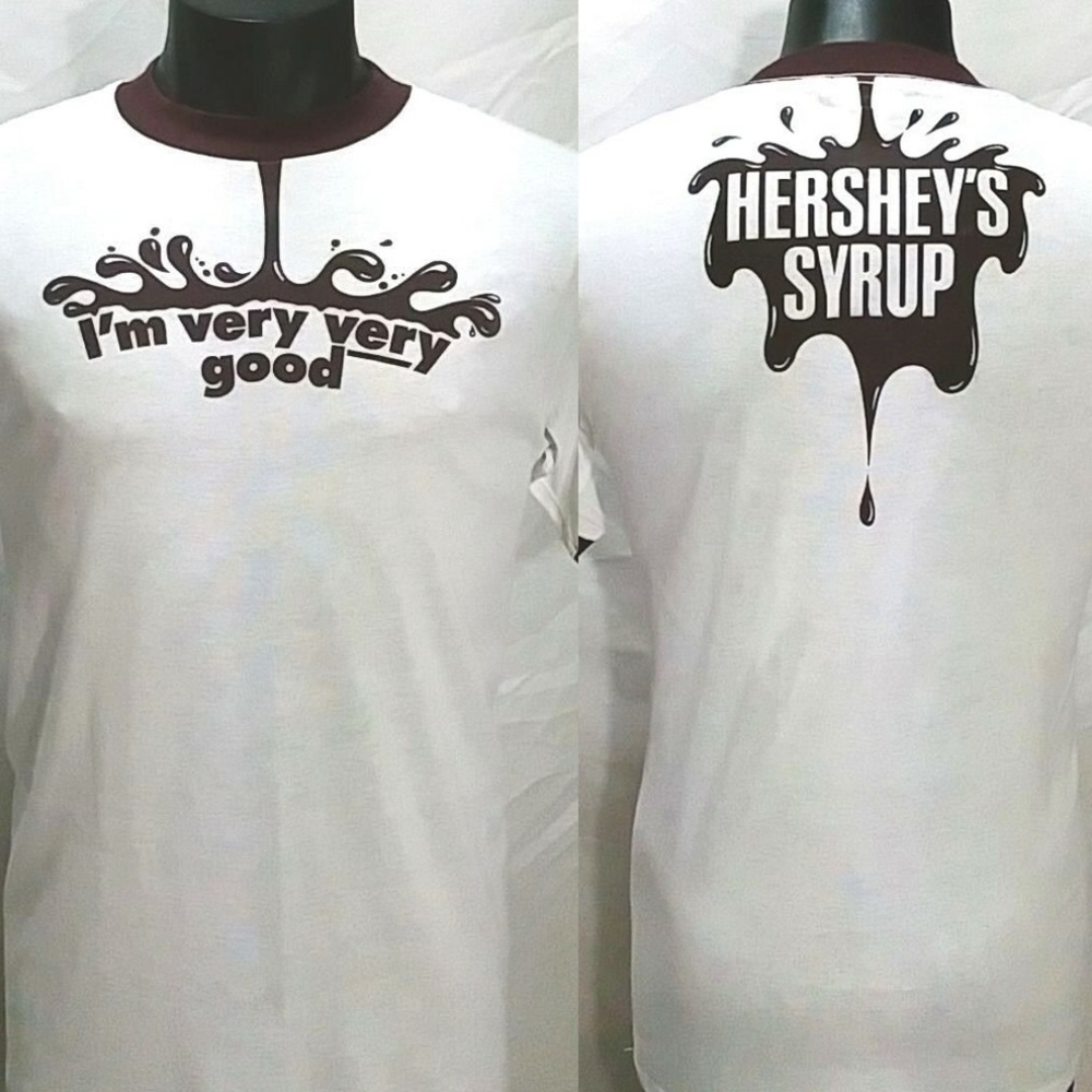 Vintage Hersheys I'M VERY GOOD T Shirt L 70s/80s Chocolate Syrup Ringer Tee